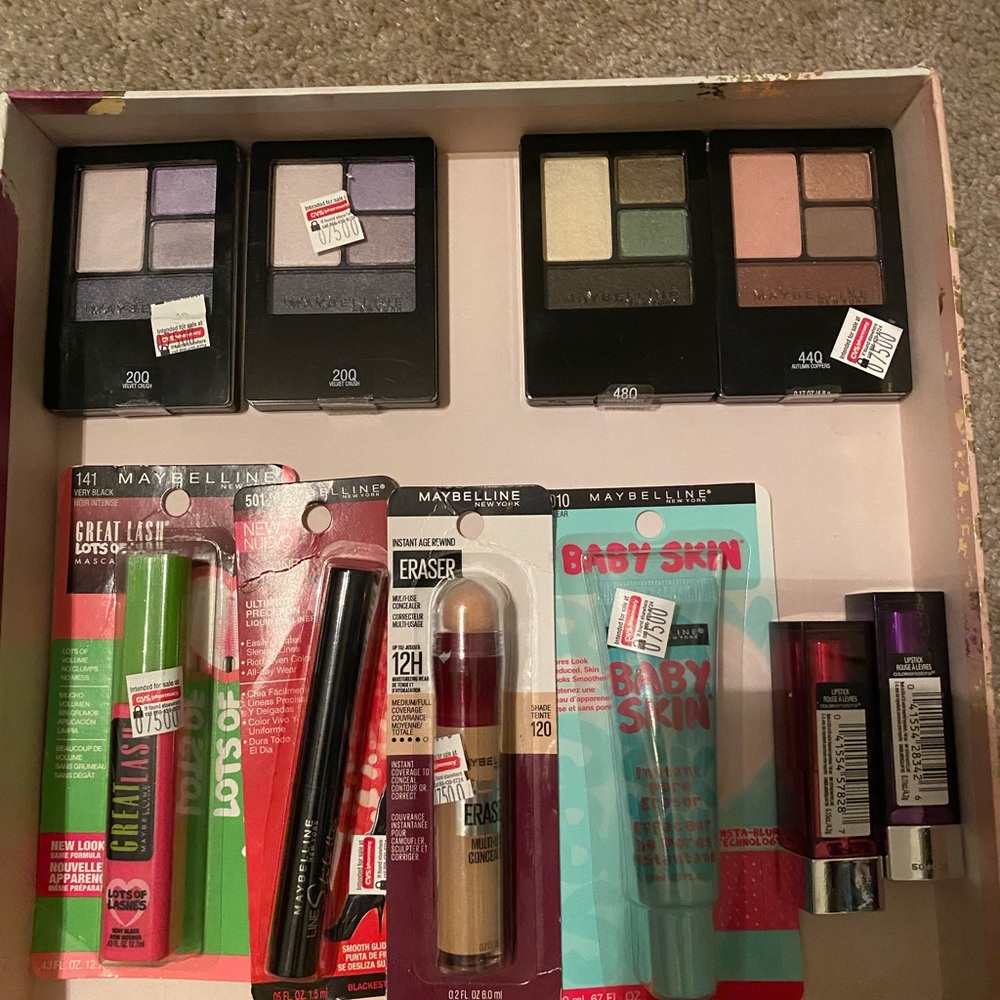 Maybelline Eyeshadow Quads & Face Essentials in Pink, Purple, Green, Peach